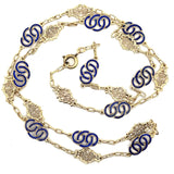 Vintage 1960's 14KT Yellow Gold Blue Enamel Station Chain, 28" Inches