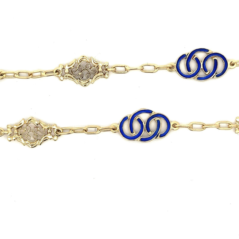 Vintage 1960's 14KT Yellow Gold Blue Enamel Station Chain, 28" Inches - KFK, Inc.