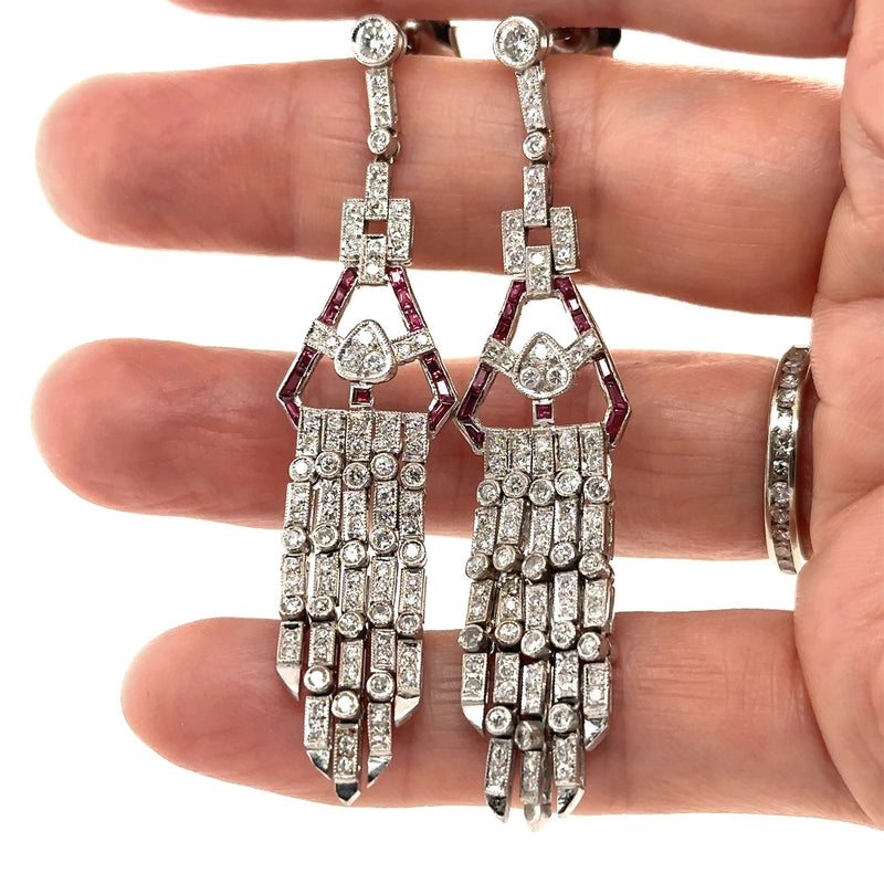 Vintage Platinum Art Deco Diamond and Ruby Chandelier Earrings - KFKJewelers