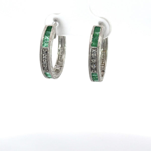 14KT White Gold Diamond Emerald Hoop Earrings - KFK, Inc.