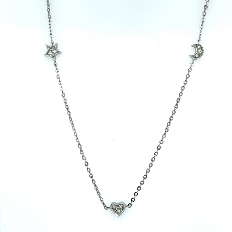 14KT White Gold Moon, Star, Heart Pavé Diamond Necklace - KFK, Inc.