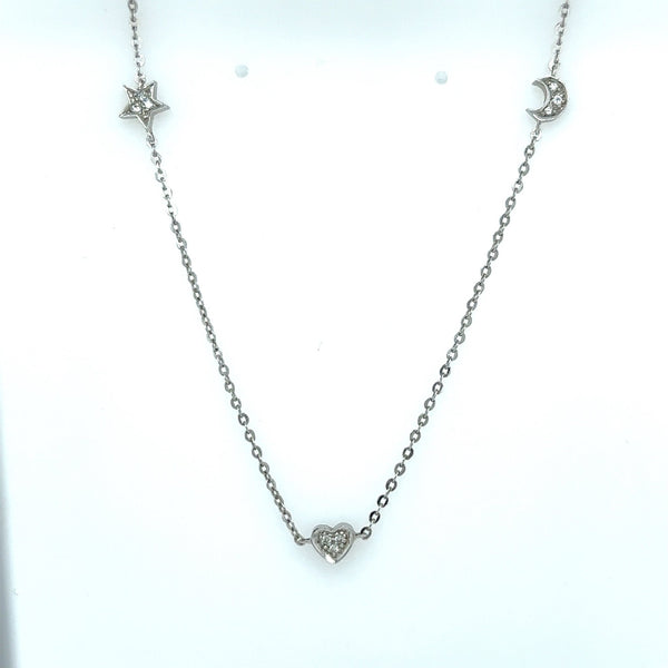 14KT White Gold Moon, Star, Heart Pavé Diamond Necklace - KFK, Inc.