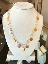 14KT Yellow Gold Bubble Link Chain Necklace with Hanging Discs 38 inches long KFK Jewelers Los Angeles