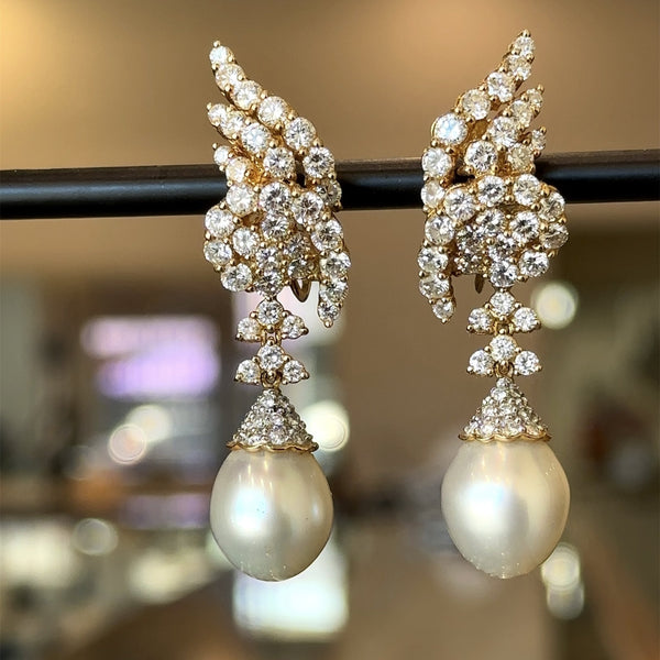 7.00 CT Diamond 18KT Gold South Sea Pearl Dangle Earrings - KFK, Inc.