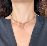 Antique rosy-yellow 9KT gold chain necklace with Albert T-bar and links for charms KFK Jewelers Los Angeles