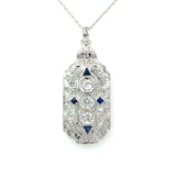 Vintage 1930's pendant with 1CT old European-cut diamonds and blue sapphire accents in 18KT white gold filigree KFK Jewelers Los Angeles 