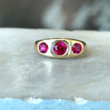 Vintage 1940's 14K yellow gold 3-stone ring with synthetic rubies KFK Jewelers Los Angeles