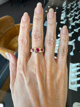 Vintage 1940's 14K yellow gold 3-stone ring with synthetic rubies KFK Jewelers Los Angeles