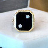 Vintage 1930s 14KT yellow gold onyx signet ring with filigree detail and two flush set diamonds KFK Jewelers Los Angeles