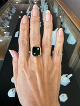 Vintage 1930s 14KT yellow gold onyx signet ring with filigree detail and two flush set diamonds KFK Jewelers Los Angeles