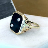 Vintage 1930s 14KT yellow gold onyx signet ring with filigree detail and two flush set diamonds KFK Jewelers Los Angeles