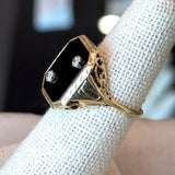 Vintage 1930s 14KT yellow gold onyx signet ring with filigree detail and two flush set diamonds KFK Jewelers Los Angeles