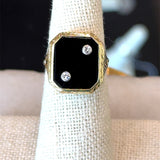 Vintage 1930s 14KT yellow gold onyx signet ring with filigree detail and two flush set diamonds KFK Jewelers Los Angeles