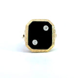 Vintage 1930s 14KT yellow gold onyx signet ring with filigree detail and two flush set diamonds KFK Jewelers Los Angeles