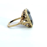 Vintage 1930s 14KT yellow gold onyx signet ring with filigree detail and two flush set diamonds KFK Jewelers Los Angeles