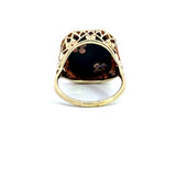 Vintage 1930s 14KT yellow gold onyx signet ring with filigree detail and two flush set diamonds KFK Jewelers Los Angeles
