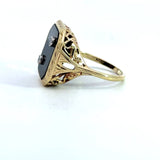 Vintage 1930s 14KT yellow gold onyx signet ring with filigree detail and two flush set diamonds KFK Jewelers Los Angeles
