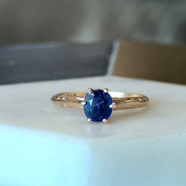 Antique 1.0CT Blue Sapphire Solitaire, 14KT Yellow Girl - KFK, Inc.