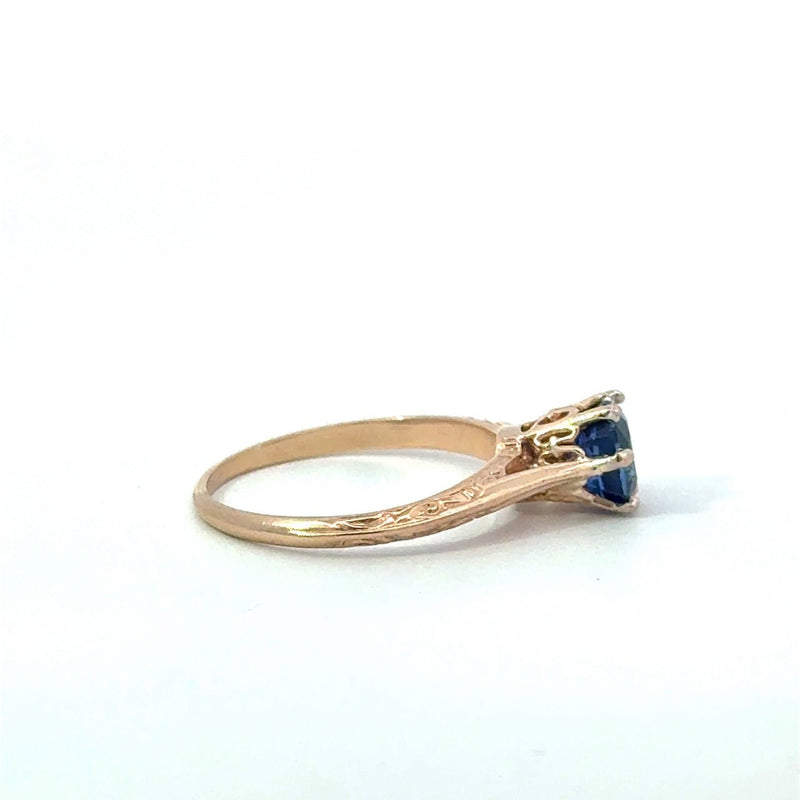 Antique 1.0CT Blue Sapphire Solitaire, 14KT Yellow Gold mounting KFK Jewelers Los Angeles