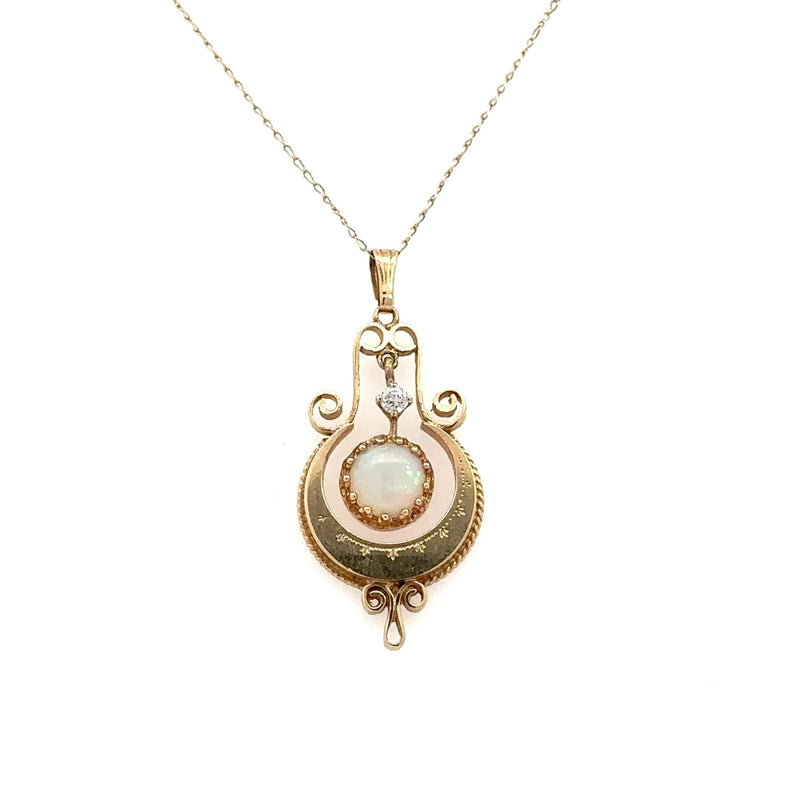 Antique 14KT Gold Opal and Diamond Lavalier Pendant - KFK, Inc.