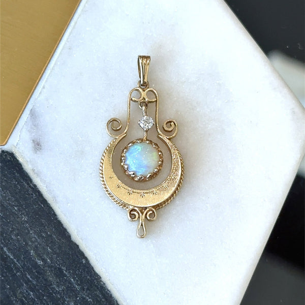 Antique 14KT Gold Opal and Diamond Lavalier Pendant - KFK, Inc.