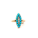 Antique 14KT Turquoise and Old Mine Cut Diamond Navette Ring - KFK, Inc.