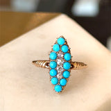 Antique 14KT Turquoise and Old Mine Cut Diamond Navette Ring - KFK, Inc.