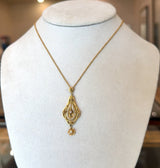 Antique 14KT Yellow Gold Filigree Pearl Lavalier Pendant Necklace - KFK, Inc.