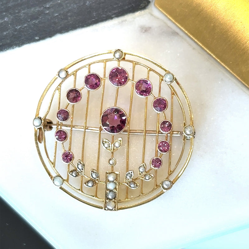 Antique 15KT Gold Brooch with Garnets and Seed Pearls