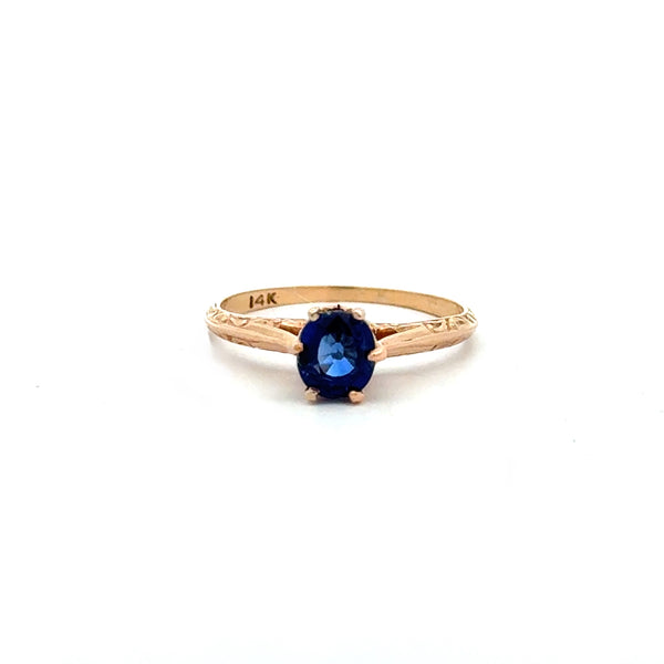 Antique 1.0CT Blue Sapphire Solitaire, 14KT Yellow Gold mounting KFK Jewelers Los Angeles