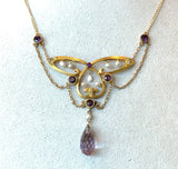 Antique Art Nouveau 14KT Gold Amethyst and Pearl Butterfly Necklace - KFK, Inc.