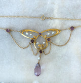 Antique Art Nouveau 14KT Gold Amethyst and Pearl Butterfly Necklace - KFK, Inc.
