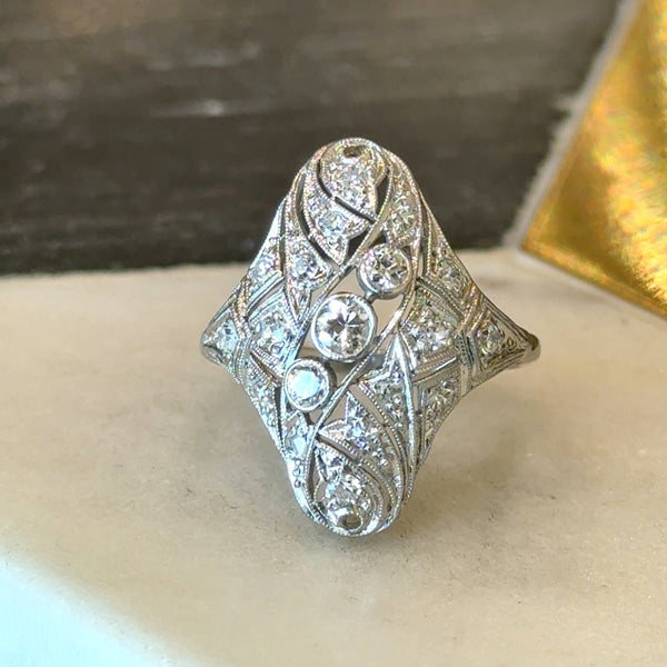 Antique Diamond Platinum Shield Ring - KFK, Inc.