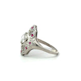 Antique Platinum Diamond Shield Ring with Ruby Accents - KFK, Inc.