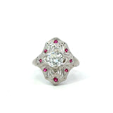 Antique Platinum Diamond Shield Ring with Ruby Accents - KFK, Inc.