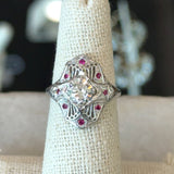 Antique Platinum Diamond Shield Ring with Ruby Accents - KFK, Inc.