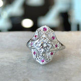 Antique Platinum Diamond Shield Ring with Ruby Accents - KFK, Inc.