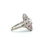 Antique Platinum Diamond Shield Ring with Ruby Accents - KFK, Inc.