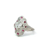 Antique Platinum Diamond Shield Ring with Ruby Accents - KFK, Inc.