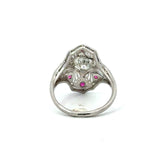 Antique Platinum Diamond Shield Ring with Ruby Accents - KFK, Inc.