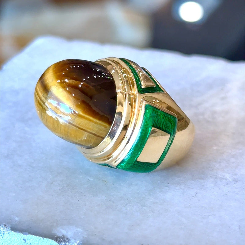 David Webb Tiger's Eye 18KT Yellow Gold and Green Enamel Cocktail Ring - KFK, Inc.