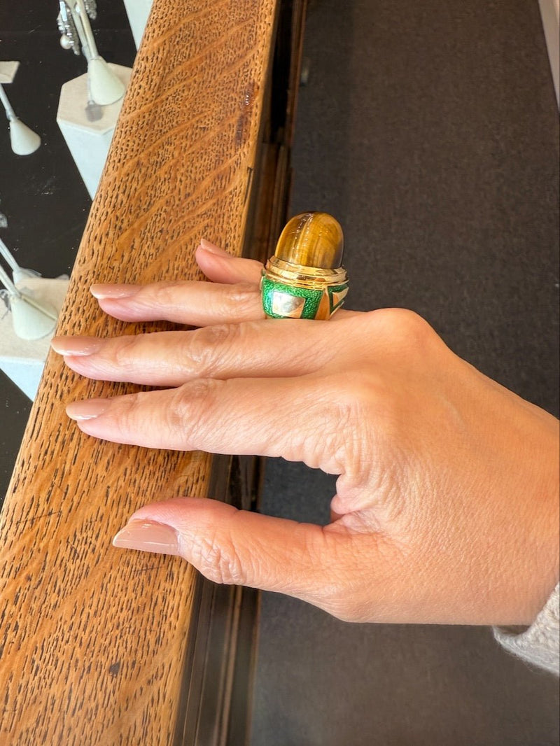 David Webb Tiger's Eye 18KT Yellow Gold and Green Enamel Cocktail Ring - KFK, Inc.