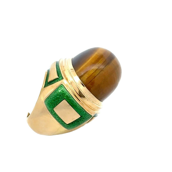 David Webb Tiger's Eye 18KT Yellow Gold and Green Enamel Cocktail Ring - KFK, Inc.