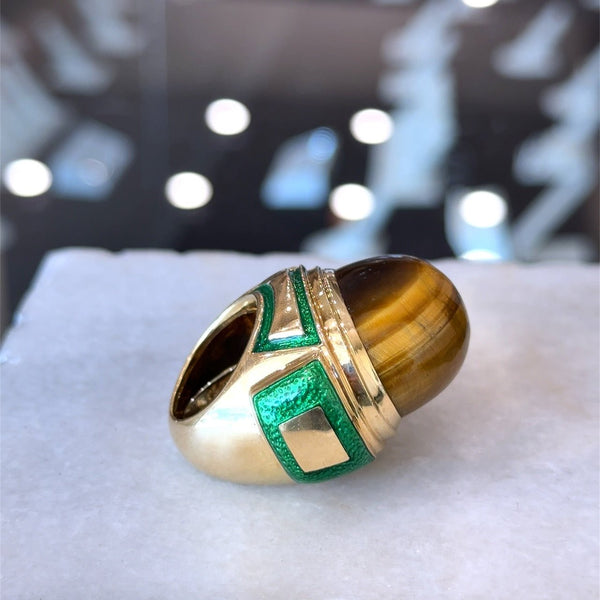 David Webb Tiger's Eye 18KT Yellow Gold and Green Enamel Cocktail Ring - KFK, Inc.