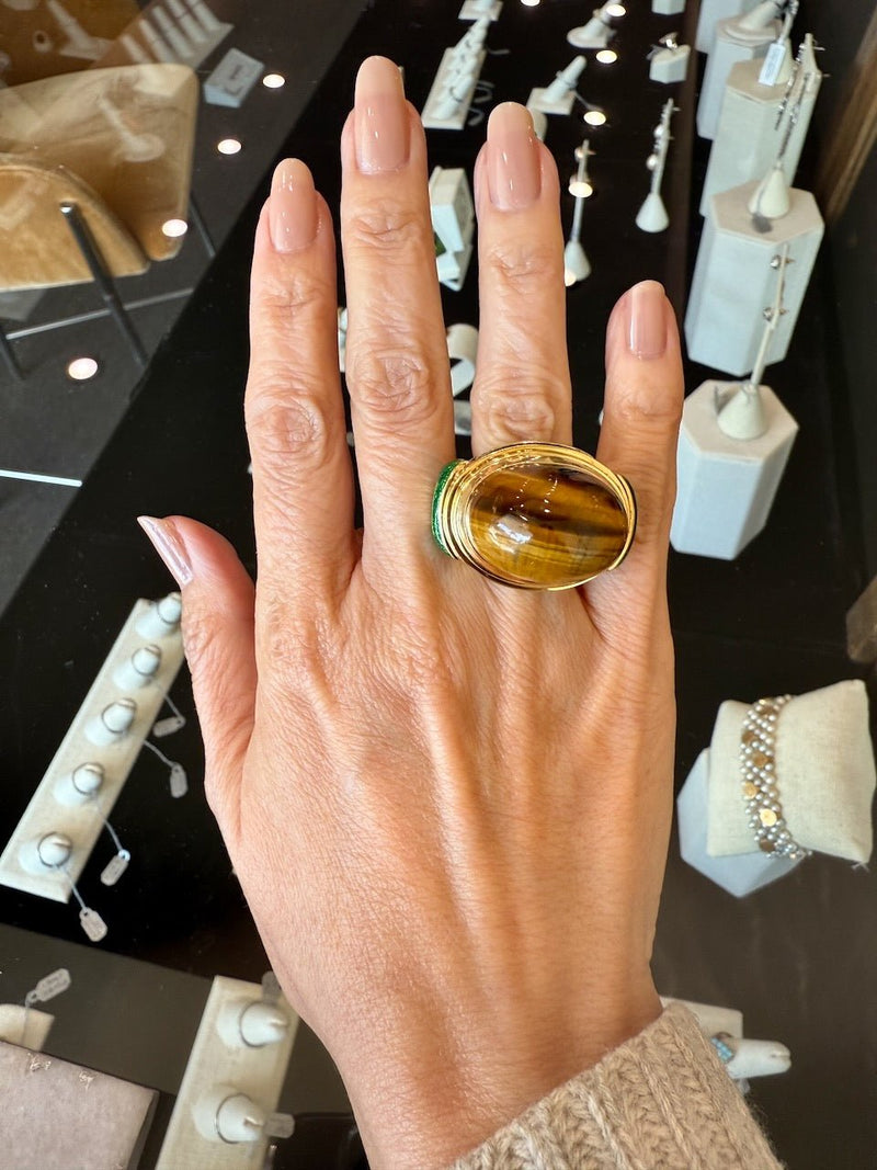 David Webb Tiger's Eye 18KT Yellow Gold and Green Enamel Cocktail Ring - KFK, Inc.