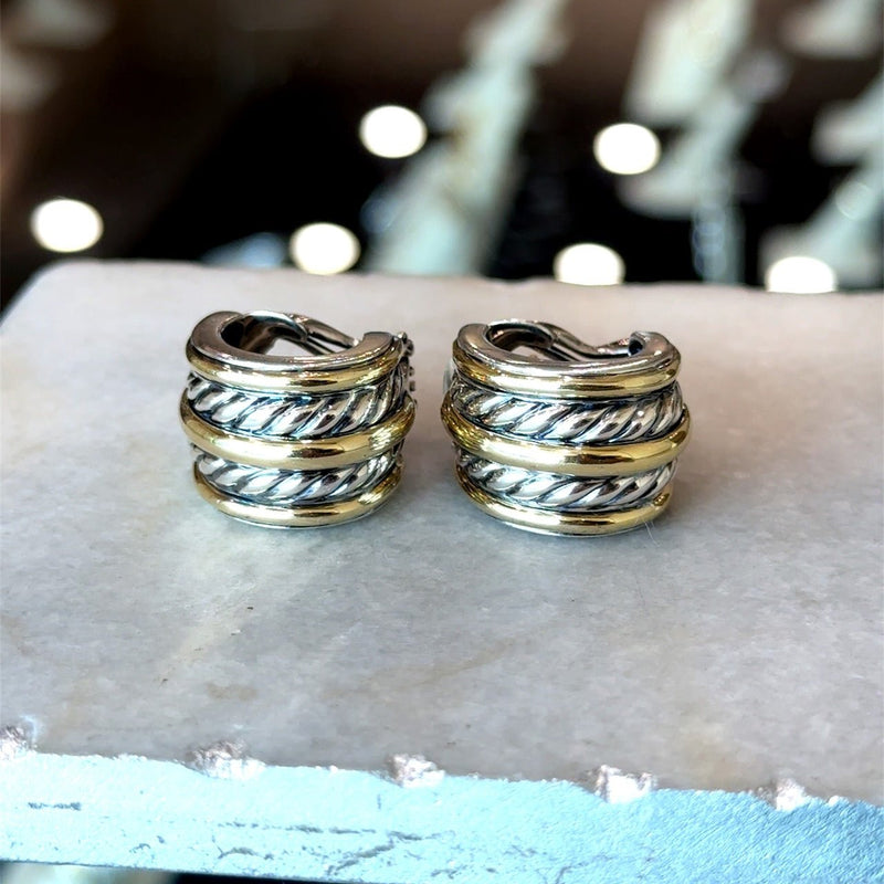 David Yurman 18K Gold and Silver Double Cable Hoop Earrings - KFK, Inc.