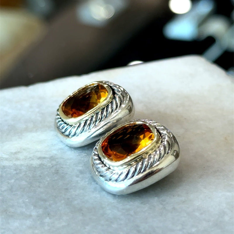 David Yurman Albion Silver 14KT Gold Citrine Clip Earrings - KFK, Inc.