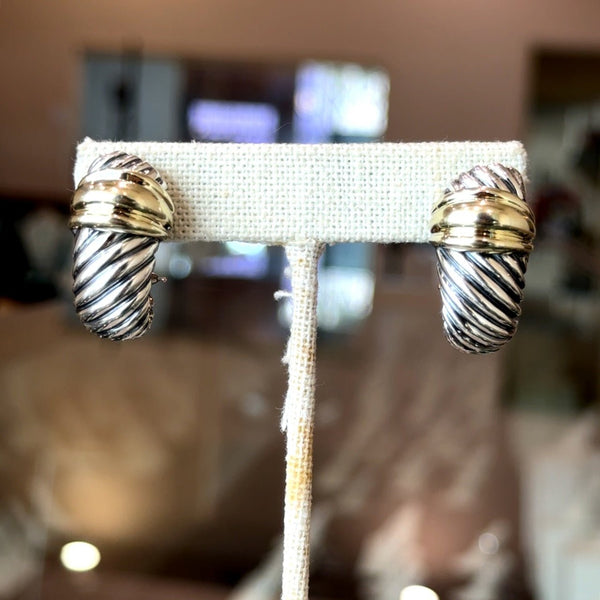 David Yurman Sterling Silver 14KT Gold Cable Huggie Earrings - KFK, Inc.