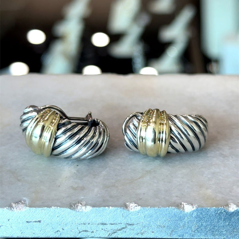 David Yurman Sterling Silver 14KT Gold Cable Huggie Earrings - KFK, Inc.