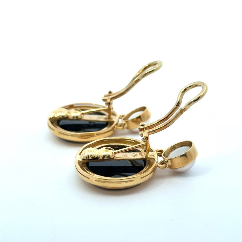 Elizabeth Locke 18KT Gold Onyx and Pearl Intaglio Earrings - KFK, Inc.